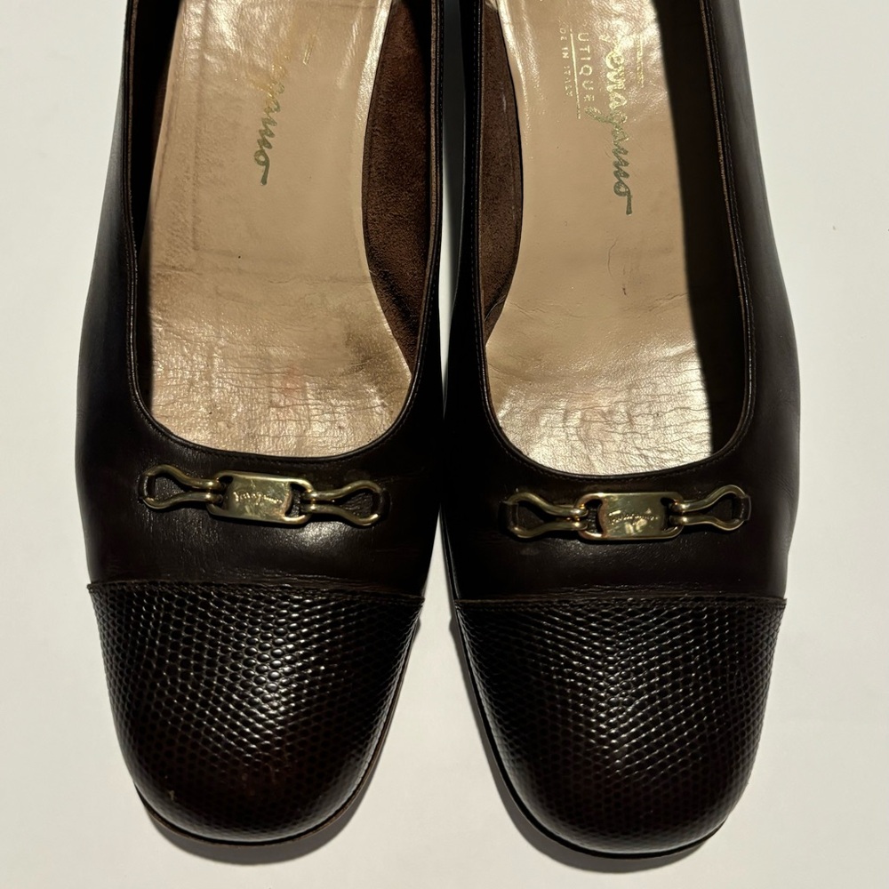 Salvatore Ferragamo Dark Brown Leather Low Heel with Gold